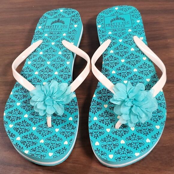 NEW NWT Pretty You London Tessa Flower Flip Flops Thongs XL 9½ - 10½‎ Aqua Blue - Picture 4 of 9